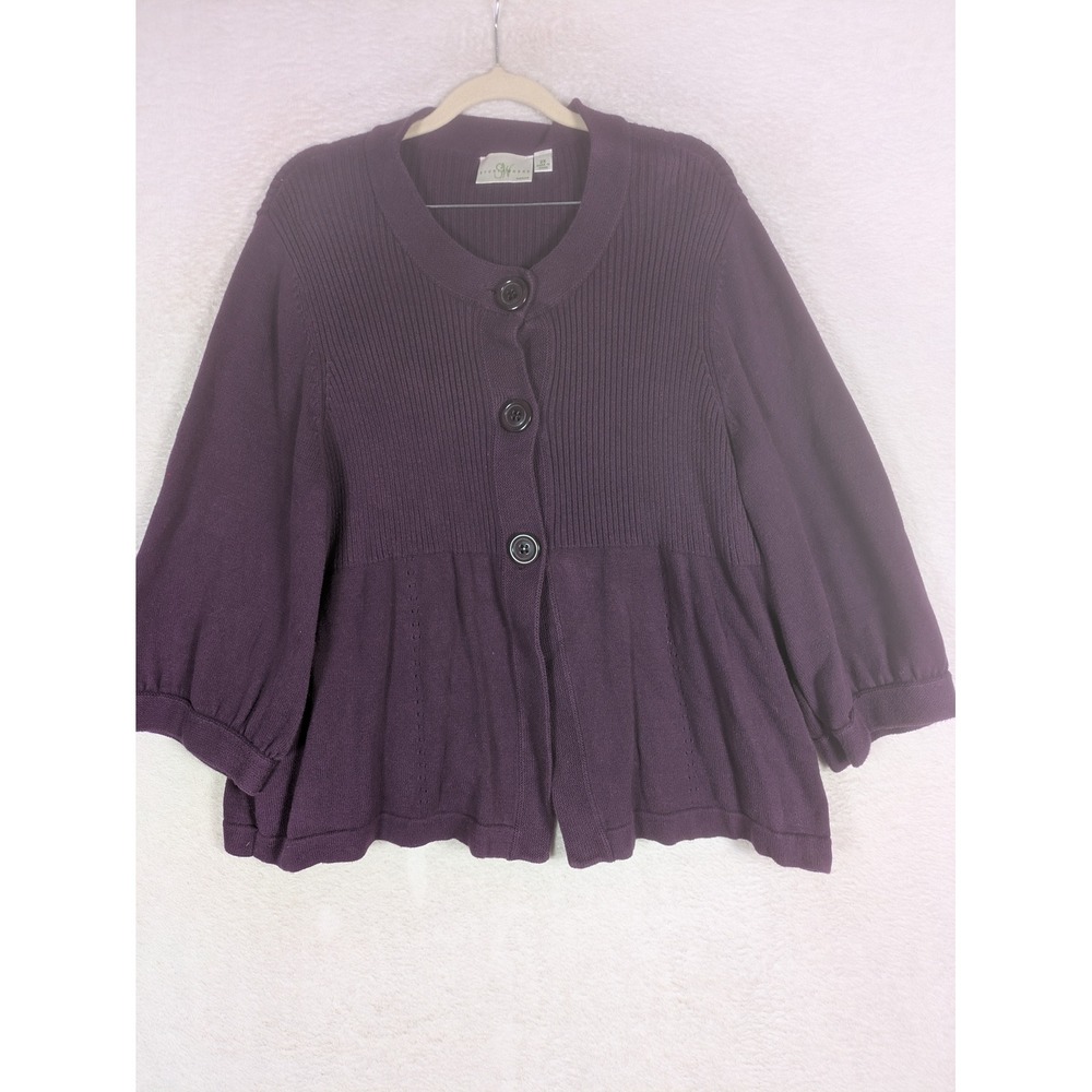 Studio Works Cardigan Women's 2X Purple 3/4 Sleeve Ribbed Peplum Button Front